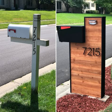 Modern Cedar Mailbox Ideas, Modern Wood Mailbox Ideas, Standing Mailbox Ideas, Contemporary Mailbox Ideas, Dual Mailbox Ideas, Cedar Mailbox Ideas, Wood Mailbox Diy, Metal Mailbox Post Ideas, Mail Post Ideas