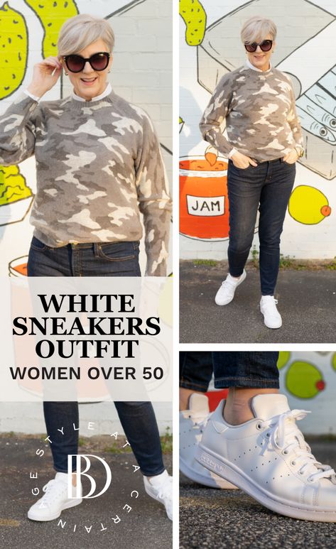 How To Wear White Sneakers Over 40, White Tennis Shoes For Women Over 50, Jeans And White Tennis Shoes Outfit, How To Wear White Sneakers Outfit Ideas, Pink Converse Outfit Winter, White Sneakers Outfit For Over 50 Women, Tennis Shoes For Women Over 50, Styling White Sneakers Women, White Nike Shoes Outfit Casual