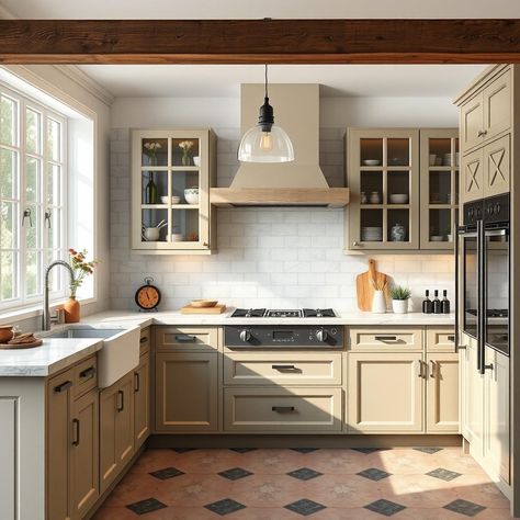 Design a cozy cottage core kitchen with vintage-inspired glass-front cabinets and charming crown molding. #CottageCore #VintageCharm 🌿 English Cottage Kitchen Inspiration, Grandma Core House, Craftsman Cottage Interiors, Cottage Kitchen Inspiration, English Cottage Kitchens, Cottage Core Kitchen, Cottage Core Home, Cottagecore Kitchen, Front Kitchen