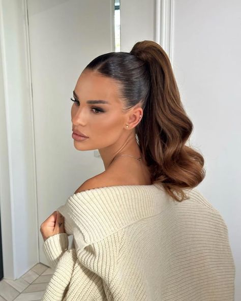 50 Adorable Medium Length Ponytail Hairstyles To Try Medium Length Slick Back Ponytail, Up Hairstyles Medium Hair, Updos For Medium Length Hair Ponytail, High Hairstyles For Short Hair, Evening Ponytail Hairstyles, Bridal Hairstyle Ponytail, Wedding Hairstyles Updo Ponytail, High Bridal Ponytail, Simple Hair For Wedding