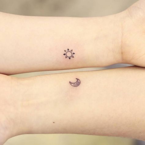 Moon Tattoo Couple, Minimalist Matching Tattoos, Matching Sun And Moon Tattoo, Tattoo For Couple, Moon Sun Tattoo, Sun And Moon Tattoo, Tattoo Couple, Tattoo Minimal, Couple Tattoos Unique