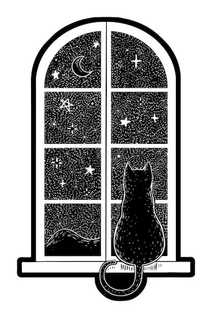 Cat On A Window Sill Drawing, Cat In Snow Drawing, Cat In Window Silhouette, Cat Window Drawing, Cat Looking Out Window Tattoo, Cat Window Illustration, Cat Window Tattoo, Cat Looking Out Window Drawing, Cat In Window Tattoo