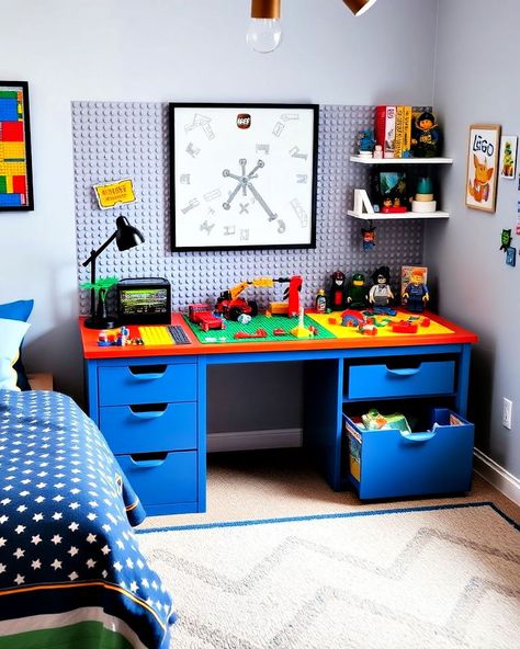 30 Lego Bedroom Ideas To Inspire You Lego Set Up Ideas, Lego Board Wall, Kids Room Lego Display, Legos Storage Ideas, Kids Lego Display Ideas, Lego Area In Bedroom, Lego Station In Boys Room, Lego Display Room, Lego Theme Room