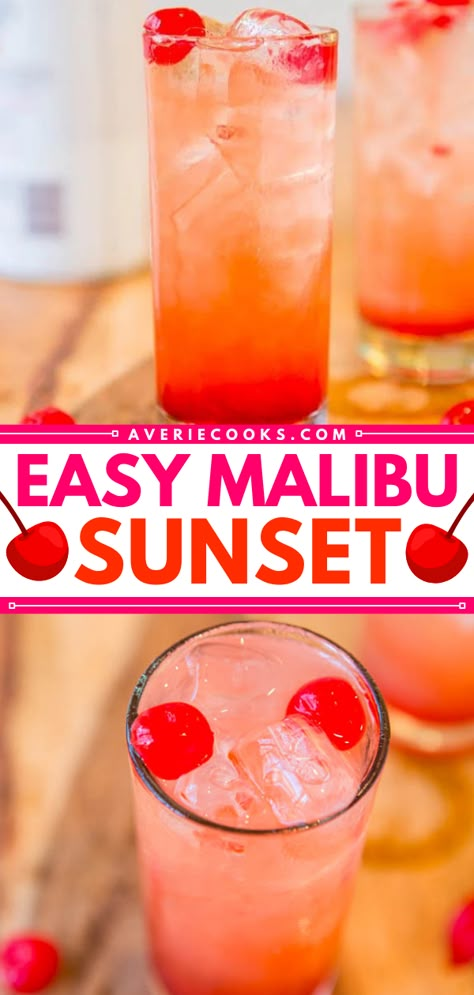 Malibu Sunset (Fruity Malibu Drink Recipe!) | Averiecooks.com Rum Drink Recipes, Sweet Alcoholic Drinks, Malibu Rum Drinks, Coconut Rum Drinks, Fruity Mixed Drinks, Rum Drinks Recipes, Malibu Drinks, Fruity Alcohol Drinks, Malibu Sunset