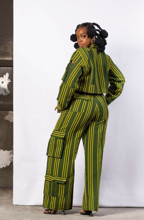 Rev up your style with our Ripped Asooke Jacket, a blend of culture and edge. Cotton Aso-oke Ripped detail Button detail Hand wash or Dry clean Model is wearing a UK 12 The model is 5’8 wearing length 44" Pants Length- 44 inches Trousers Women Outfit, Two Piece Outfits Pants, Combat Pants, 2piece Outfits, Chic Dress Classy, Combat Trousers, Mode Kimono, African Wear Dresses, African Clothes