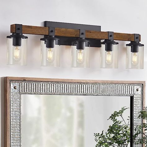 Farmhouse Vanity Lights, 5-Light Wood Bathroom Wall Lighting with Clear Glass, Industrial Metal Wall Sconce for Bedroom, Kitchen, Hallway (Antique Wood, 5-Light) #affiliate Farmhouse Vanity Lights Bathroom, Rustic Bathroom Vanity Lights, Pendant Lights Over Bathroom Vanity, Rustic Bathroom Lights, Rustic Bathroom Light Fixtures, Rustic Vanity Lights, Chalet Ideas, Farmhouse Bathroom Light, Industrial Bathroom Lighting