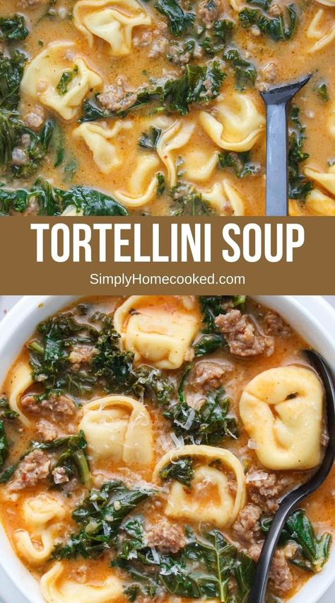 This Tortellini Soup is made with creamy broth, chunks of savory sausage, and tender kale. You’ll love the delicious flavor of this hearty and healthy dish. Tortellini Kale Parmesan Soup, Tortellini Soup With Italian Sausage And Kale, Chicken Kale Tortellini Soup, Tortellini And Kale Soup, Chicken Tortellini Soup With Kale, Tortalini Soup Spinach Sausage, Tortellini Kale Sausage Soup, Tortellini Soup With Italian Sausage And Spinach, Kale Sausage Tortellini Soup