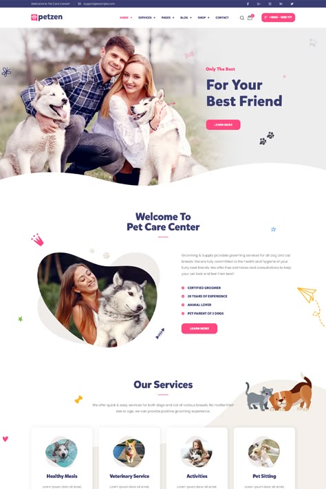 Petzen is a WordPress theme specifically designed for pet care centers, animal shelters, veterinary clinics, and other businesses related to pets and animals. This theme is equipped with various features and elements to help you create a professional and user-friendly website for your pet care services. Animal Shelter Website Design, Dog Website Design Inspiration, Pet Care Website Design, Animal Website Design, Pet Website Design, Pet Branding Design, Dog Services, Pet Websites, Dog Daycare Business