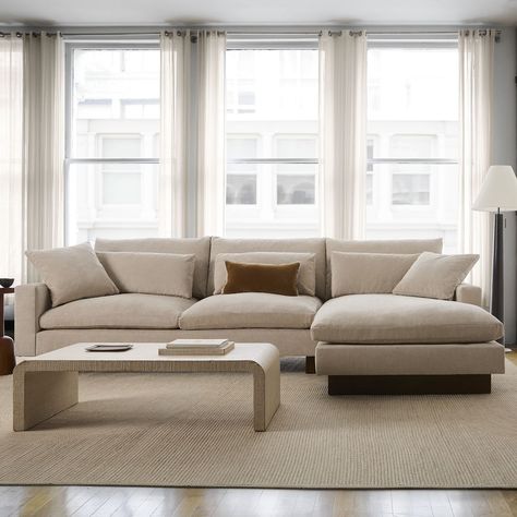 Harmony 2 Piece Chaise Sectional | Sofa With Chaise Sectional Right Chaise, Living Room With Couch With Chaise, Sectional Sofa And Accent Chair Layout, West Elm Sectional Sofa, Couch With Chaise And Chair Layout, Traditional Sectional Sofas, Harmony Couch West Elm, Sofa With Chaise Living Room Layout, Minimal Cozy Living Room