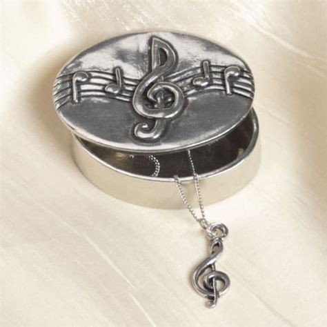 Pewter Trinket Box with Treble Clef Necklace Treble Clef Ring, Keyboard Design, Treble Clef Necklace, Silhouette Jewelry, Slide Box, Wood Keepsake Box, A Keyboard, Music Stand, Piano Keys