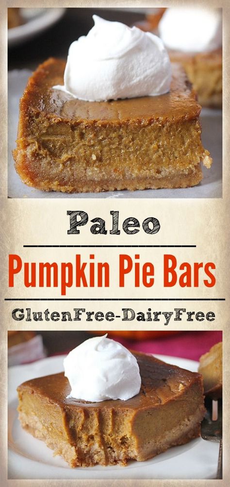 Paleo Pumpkin Pie Bars- a graham cracker-like crust and a sweet, smooth filling. Gluten free, dairy free, and naturally sweetened. Paleo Pumpkin Pie Bars, Paleo Pumpkin Pie, Paleo Thanksgiving, Pumpkin Pie Bars, Paleo Baking, Paleo Pumpkin, Paleo Sweets, Paleo Desserts, Pie Bars