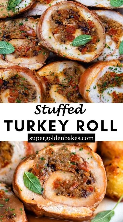 Rolled Turkey Roast, Stuffed Turkey Breast Roll, Boujee Thanksgiving, Turkey Roll Recipes, Turkey Roll Ups With Stuffing, Stuffed Turkey Breast Recipes, Turkey Roulade Stuffed, Stuffed Turkey Roll, Cooking A Stuffed Turkey