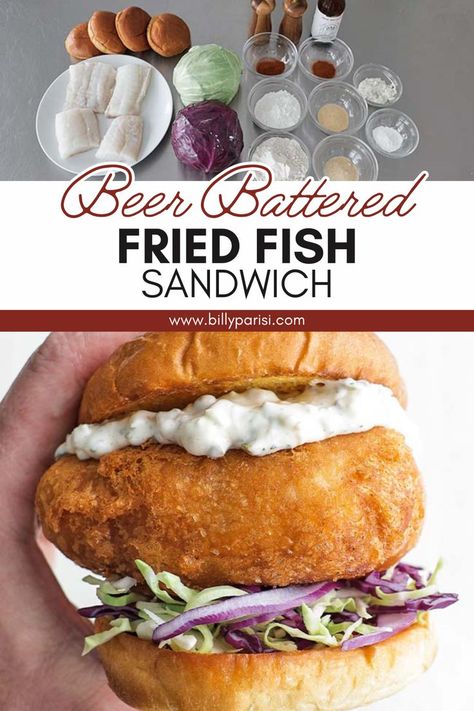 This beer battered fried fish sandwich recipe served on a toasted bun with shredded cabbage and a homemade tartar sauce. Once you try this sandwich that is beer battered and fried to a golden brown, there’s no returning to the fast food or restaurant version ever again. Sandwich Recipes For Lunch, Fried Fish Sandwich, Seafood Sandwich, Beer Batter Fish, Beer Battered Fish Recipes, Hawaii Fish, Fish Sandwich Recipes, Seafood Sandwiches, Billy Parisi