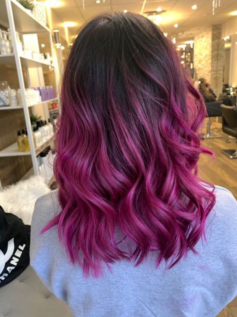 Dark Brown With Pink Hair, Magenta Balayage Hair, Dark Brown Hair With Magenta Balayage, Pink With Dark Roots, Brunette And Pink Balayage, Dark Root Colored Hair, Brown To Magenta Ombre Hair, Pink Balayage On Dark Hair, Colored Hair Ends Brunettes