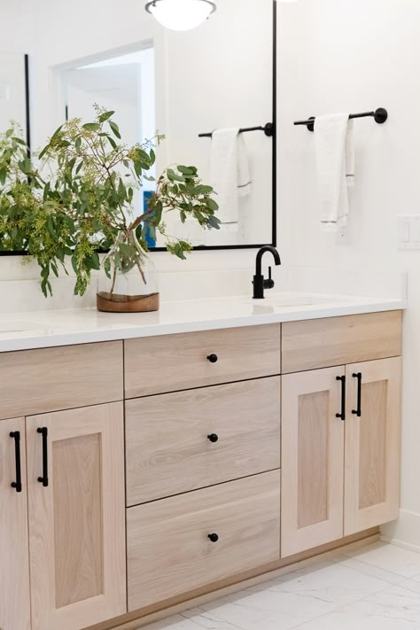 Wood Vanity Bathroom Gold Hardware, Light Wood Cabinet Bathroom, White Oak Vanity Black Hardware, Wood Vanity White Countertop, Bathroom Wood Cabinets White Counter, Bathroom Floors With Wood Vanity, Double Wooden Bathroom Vanity, Pickled Oak Bathroom Vanity, White Oak Cabinets In Bathroom