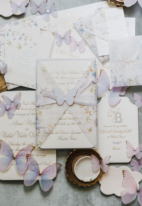 Purple butterfly themed wedding stationery and flat lay details. Head to the blog to see more of how this couple incorporated butterfly details into their wedding! Wedding Ideas Light Purple, Butterfly Theme Engagement Party, Lavender Wedding Stationery, Butterflies Wedding Theme, Butterfly Wedding Reception, Wedding Invitations Butterfly, Butterfly Decor Wedding, Wedding Inspo Purple, Butterfly Themed Wedding Ideas