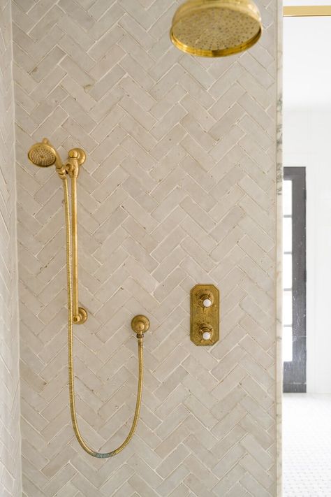 Chevron Tile Bathroom, Herringbone Shower Wall, Whittney Parkinson Design, 1920s Tudor, Bathroom Decor Guest, Herringbone Wall Tile, Whittney Parkinson, Blue Herringbone Tile, Herringbone Shower