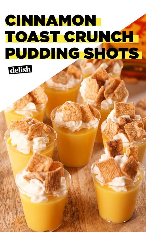 Cinnamon Toast Crunch Pudding Shots Are A CTC Lover's DreamDelish Pudding Shots Fireball, Rumchata Fireball Pudding Shots, Pudding Shots With Fireball, Fireball Pudding Shots Recipes, Cinnamon Toast Crunch Pudding Shots, Fireball Pudding Shots, Alcohol Truck, Shots Jello, Baked Cinnamon Toast