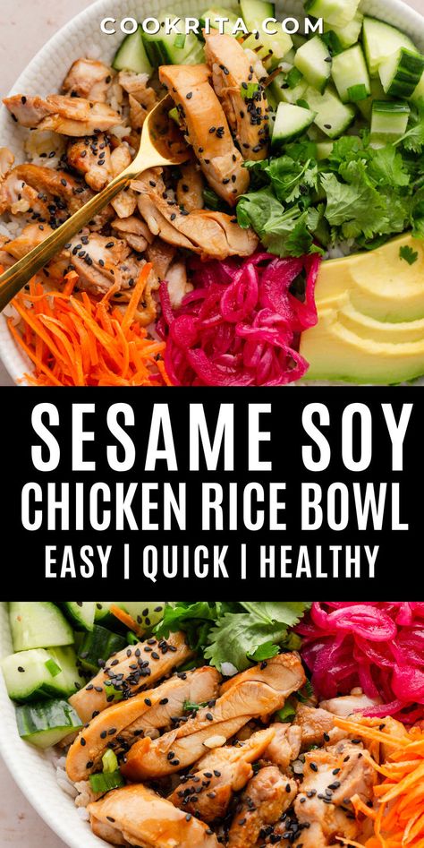 Sesame Soy Chicken Bowl Description: Savor the delicious combination of flavors in this Sesame Soy Chicken Bowl! Juicy chicken is marinated in a savory sesame soy sauce, then served over rice with fresh veggies for a wholesome and satisfying meal. This easy-to-make dish is perfect for a quick dinner or meal prep, offering a balance of rich, nutty, and savory flavors in every bite! #soyglazedchickenbowl #soygarlicchicken #soysaucechickenricebowl #chickenricebowl Chicken Rice Bowl Sauce, Meals With Soy Sauce, Chicken Thigh Rice Bowl, Chicken Edamame Bowl, Chicken Soy Sauce Recipes, Asian Bowl Recipe, Asian Chicken Bowl, Rice Bowl Sauce, Chicken Bowl Meal Prep