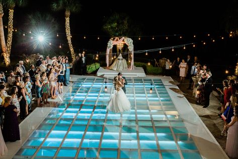 Pool Dance Floor Wedding, Pool Covering Dance Floor, Dance Floor Over Pool Wedding, Glass Over Pool Wedding, Clear Dance Floor Over Pool, Clear Pool Cover Dance Floor, Pool Cover For Wedding, Covered Pool Wedding, Wedding Venue With Pool