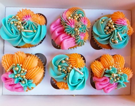 Abstract Cupcakes, Bright Color Cake Ideas, Bright Cupcakes Ideas, Blue And Orange Cupcakes, Pink And Orange Cupcakes, Diwali Cupcakes, Mehndi Cupcakes, Teal And Orange Cupcakes, Bright Colored Cupcakes