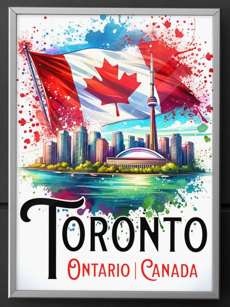 Toronto Ontario Canada print will delight all those who love Toronto, Canada and Canadiana! This item is a DIGITAL DOWNLOAD, therefore ideal for home printing and framing as a gift. The Canadian flag, in all its Maple Leaf glory, dominated this Toronto vintage travel poster which also features the CN Tower and Lake Ontario. Canadian Flag Art, Toronto Poster, Canada Decor, Canada Pictures, Happy Canada Day, Toronto Ontario Canada, Canadian Flag, Flag Art, Vintage Travel Poster