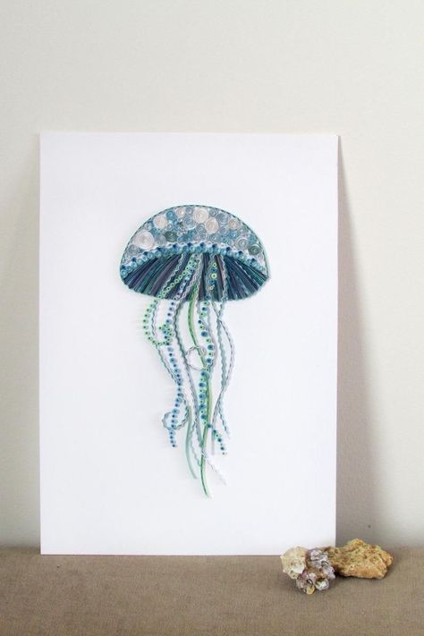 Paper Jellyfish, Ocean Theme Nursery, Sea Life Nursery, Jellyfish Wall Art, Quilling Birthday Cards, Ocean Themed Nursery, Quilling Animals, Apartment Wall Art, Cardboard Frame