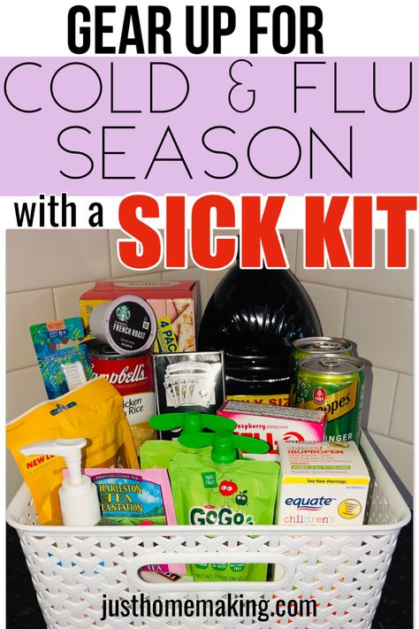 Prepare for Cold & Flu Season with a Sick Kit. This Cold and Flu Season,  make sure you’re a prepared mom with a DIY Sick Kit for kids. The next  time your kids or someone in your house has a sick day, you’ll be ready  with this Survival Kit. You could also make this Cold & Flu Care  Package for a friend or coworker who might be sick. Sick Box Care Packages, Sickness Gift Basket, Diy Sick Care Package, Sick Care Package Friends, Diy Sick Remedies, Sick Care Package Ideas, Sick Day Care Package, Sick Day Basket, Care Package Ideas For Friend Sick