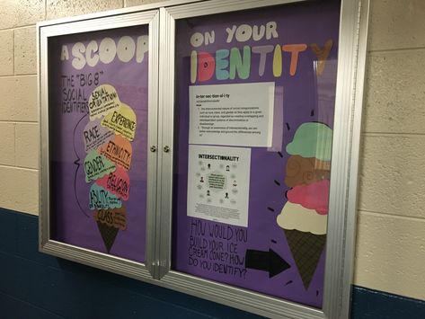 Identity Ice Cream RA Bulletin Board Identity Bulletin Board Ideas, Identity Ra Bulletin Board, Identity Bulletin Board Ra, Identity Bulletin Board, August Bulletin Boards, Fall Church Bulletin Boards, Camping Bulletin Boards, Ra Decorations, Resident Assistant Bulletin Boards