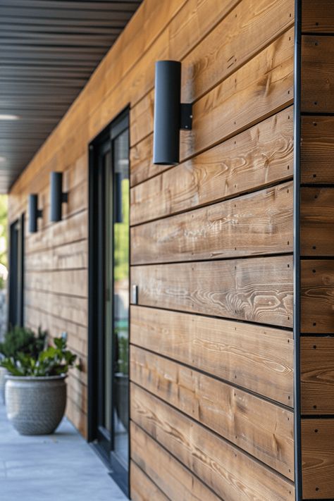 16 Wall Paneling Ideas: Best Styles & Costs (Bedroom, Living Room, Bathroom+) [COMPLETE GUIDE] Adding Wood To Exterior House, Outdoor Wooden Wall Ideas, Diy Wood Siding Exterior, Interior Wall Paneling, Cedar Paneling Wall Makeover, Cheap Exterior Siding Ideas, Exterior Paneling Ideas, Pine Paneling Walls, Knotty Pine Walls Makeover