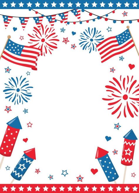 4th of July patriotic border frame with US national colors fireworks, flags and sparks, isolated on white background. Design for American Independence Day party invitations or posters. White Background Design, Independence Day Party, American Independence Day, Border Templates, Border Frame, American Independence, Vector Drawing, Day Party, Background Design