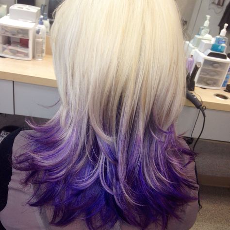 Purple blonde ombré! Blonde And Purple Ombre, Purple Underlights Blonde Hair, Blond Hair Purple Tips, Dark Purple Blonde Hair, Purple Hair And Blonde, Blonde And Dark Purple Hair, White Hair With Purple Tips, Purple Dip Dye Hair Blonde, Blonde Hair Colored Ends