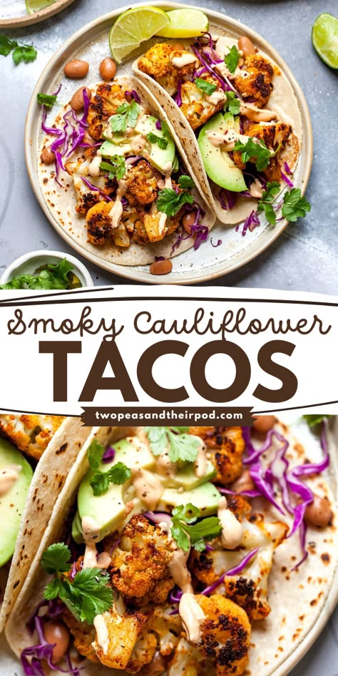 These Smoky Cauliflower Tacos are a great addition to your Cinco de Mayo dinner menu! These vegetarian tacos are full of flavor and a great way to mix up taco night! Pin this easy Cinco de Mayo recipe! Salmon Tacos Recipe, Roasted Cauliflower Tacos, Chickpea Tacos, Meatless Mains, Salmon Tacos, Cauliflower Tacos, Vegetarian Tacos, Diner Recept, Cooking Classy