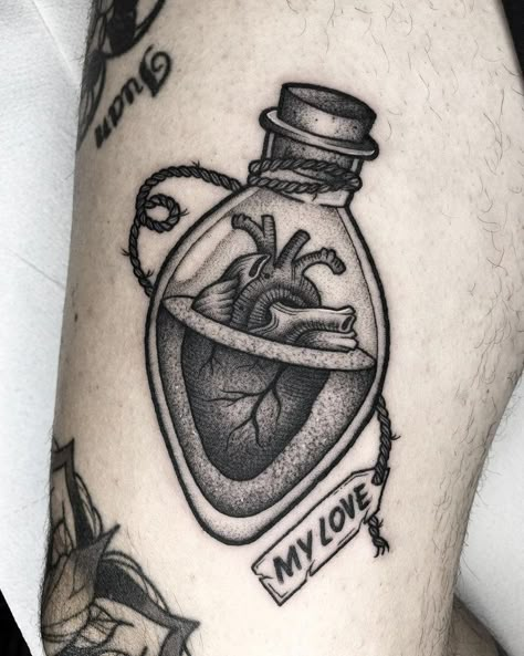 Heart In A Bottle Tattoo, Tattoo After Care, Gotik Tattoo, Tato Tradisional, Tattoo Ideas Unique, Tattoo Artist Tattoo, Bottle Tattoo, Tattoo Butterfly, Dotwork Tattoo