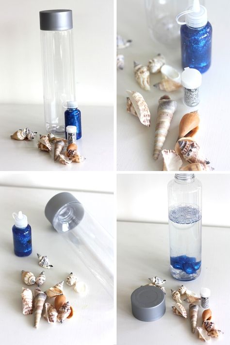 How To Make An Ocean Sensory Bottle | Little Bins for Little Hands Easy Experiments, Ocean Activity, Calming Bottle, Ocean Sensory, Festival Activities, Ocean Bottle, Calm Down Bottle, Discovery Bottles, Sensory Bottle