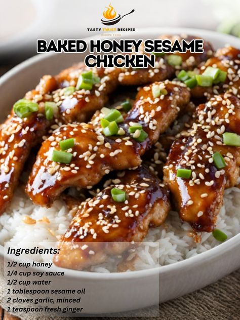 Baked Honey Sesame Chicken is a delightful dish that offers a healthier twist on the classic sweet and savory flavors of traditional sesame chicken. Baked to perfection rather than fried, this recipe retains all the deliciousness while being a bit lighter. It's perfect for a family dinner or a cozy night in. Here's how to make it: Baked Honey Sesame Chicken Recipe 🍯🐔 Enjoy the irresistible combination of sweet honey and nutty sesame in this easy-to-make, oven-baked chicken dish. Ingredient... Chicken Baked In Oven, Seaseme Chicken, Baked Honey Sesame Chicken, Honey Sesame Chicken Recipe, Easy Sesame Chicken, Sunny Anderson, Honey Sesame Chicken, Sesame Chicken Recipe, Chicken Baked