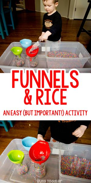 Funnels and Rice: A Perfect Sensory Bin; a quick and easy sensory bin; easy toddler activity; easy preschool activity; rainbow rice activity by Busy Toddler Easy Sensory Bin, Toddler Sensory Bins, Rainbow Rice, Easy Toddler Activities, Sensory Activities Toddlers, Montessori Toddler Activities, Toddler Sensory, Toddler Activity, Easy Toddler