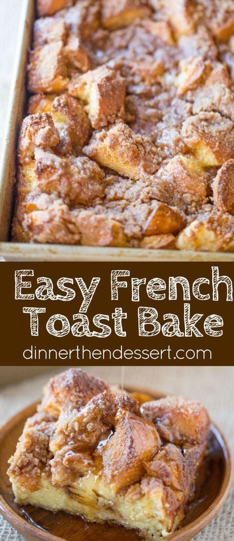 Easy French Toast Bake with no overnight chilling and all your favorite French Toast flavors you can serve to your family or a large crowd. Perfect with warm maple syrup. Easy French Toast Bake, Easy French Toast, Dessert Oreo, Overnight French Toast, Baked Dinner, Desserts Vegan, French Toast Easy, Large Crowd, French Toast Bake