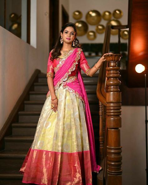 Kanchi Pattu Lehenga Half Saree, Pattu Lehenga Half Saree, Lehenga Half Saree, Pattu Lehenga, Half Saree Function, Wedding Kurta, Stylish Gown, Lehenga Saree Design, Blouse Designs Catalogue