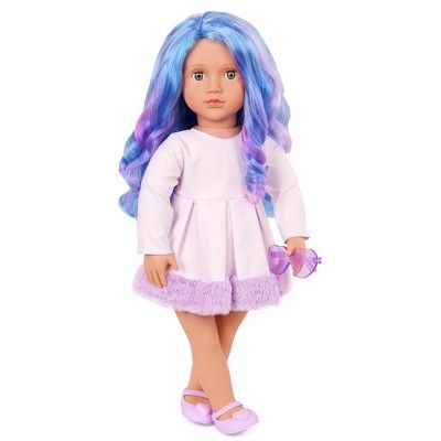 Our Generation Veronika 18″ Fashion Doll with Blue/Purple Hair Ponytails Braids, Blue Purple Hair, Peekaboo Highlights, Generation Dolls, Travel Chic, Bright Blue Eyes, Multi Colored Hair, Our Generation Dolls, Multicolored Hair