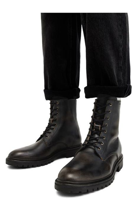 "Find ALL SAINTS Tobias Plain Toe Boot on Editorialist. A rugged lug sole grounds this plain-toe boot built from premium leather in a clean, minimalist silhouette. 6 1/2\" shaft Lace-up style Leather upper and lining/rubber sole Made in Portugal" Steampunk Shoes Mens, Cuban Boots Men, Mens Boots Style Outfits, Mens Chunky Shoes, Mens Combat Boots, Male Boots, Best Boots For Men, Black Dress Boots, Steampunk Shoes