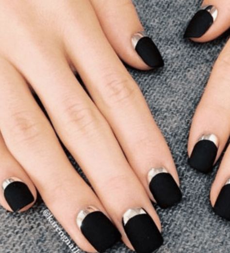 Reverse French Nails, Black Chrome Nails, Reverse French, French Manicure Designs, Chrome Nail Art, Chrome Nails Designs, Matte Black Nails, French Nail, Black Nail Designs