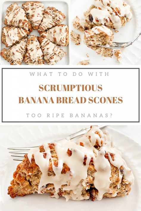 What do you do with too ripe bananas? Make MAPLE GLAZED BANANA BREAD SCONES! They are scrumptious and melt in your mouth! Easy to make dessert or breakfast or treat! #recipe #recipes #dessert #dessertrecipe #sconerecipe #bananarecipe #yummyrecipe #easyrecipe Dessert Scones, Glazed Banana Bread, Banana Scones, Stone Gable, Breakfast Pastry, Make Dessert, Scone Recipes, Overripe Bananas, Easy To Make Desserts