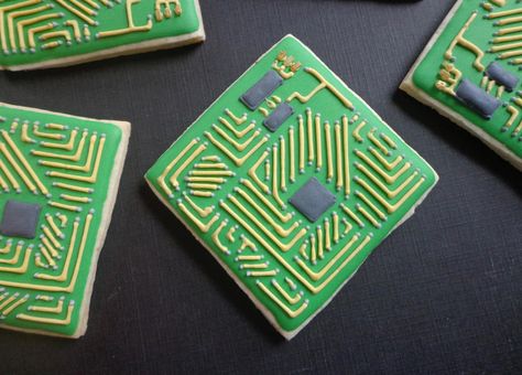 Printed circuit board cookie by Custom Cookies Engineering Cookies, Engineering Party, Computer Cookies, Rock Climbing Cake, Computer Cake, Golf Cookies, Simple Paint, Party College, Mark 5