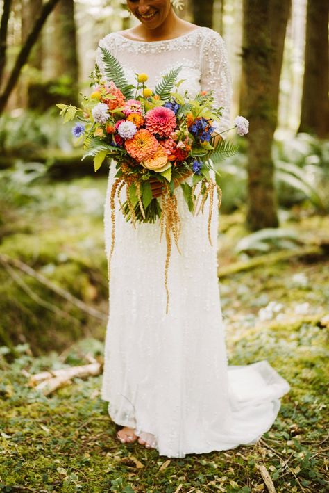 Zinnia Wedding Bouquet, Wildflower Bridal Bouquets, Colorful Bridal Bouquet, Fern Wedding, Wildflower Wedding Bouquet, Dahlias Wedding, Dahlia Bouquet, Woodsy Wedding, Bridal Bouquet Flowers