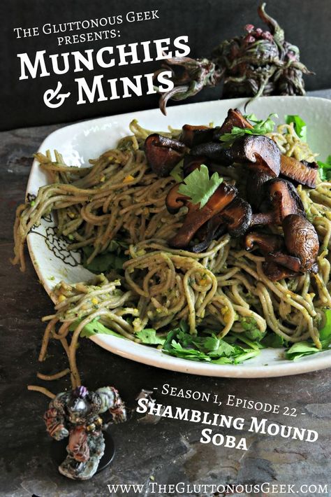 Shambling Mound Soba noodles inspired by Dungeons & Dragons. Recipe by The Gluttonous Geek. Dnd Recipes, Shambling Mound, Fantasy Feast, Nerd Recipes, Fantasy Recipes, Dnd Tavern, Nerdy Food, Dnd Food, Fictional Food