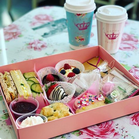 Crown & Crumpet Tea Salon on Instagram: “We are developing our delightful ‘Tea Party in a Box’ and hope to have them ready for take out soon. What do you think?  We will keep you…” Baby Tea Party, High Tea Food, Fairy Food, Food Van, Picnic Box, Tea Cafe, Live Theater, Milk Box, Tea Party Food