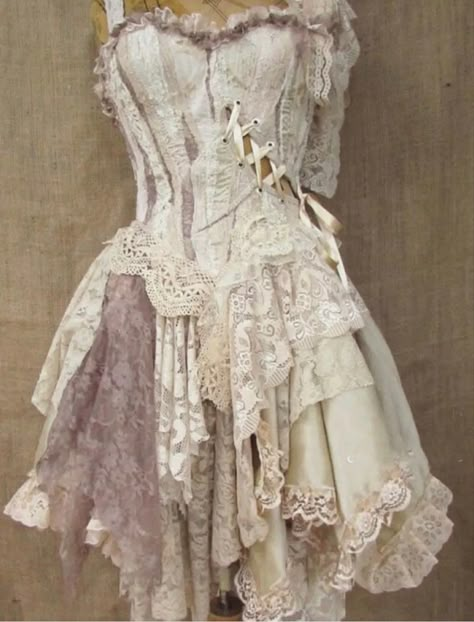 White Fairycore Outfits, Ripped Dress Aesthetic, Mixed Fabric Dress, Fairy Look Outfit, Fae Aesthetic Clothes, Fairycore Prom Dress, Fairy Core Fashion, Mori Kei Aesthetic, Ripped Dress