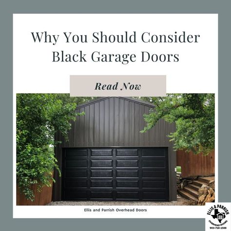 Check out our blog on "Why You Should Consider Black Garage Doors" Black Painted Garage Doors, Homes With Black Garage Doors, Black Garage Door No Windows, Garage Doors Black, Houses With Black Garage Doors, Gray House Black Garage Door, Painting Garage Door Black, Black Garage Door Brick House, Modern Black Garage Door