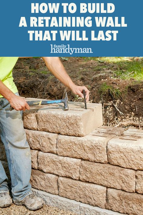 How to Build a Retaining Wall That Will Last Retaining Wall On Driveway, 3ft Retaining Wall Ideas, Diy Brick Retaining Wall, Building A Retaining Wall Flower Bed, Retaining Wall Diy How To Build, Retaining Wall Along Sidewalk, Retaing Wall Ideas Diy, How To Build A Brick Wall, Stone Retaining Wall Driveway